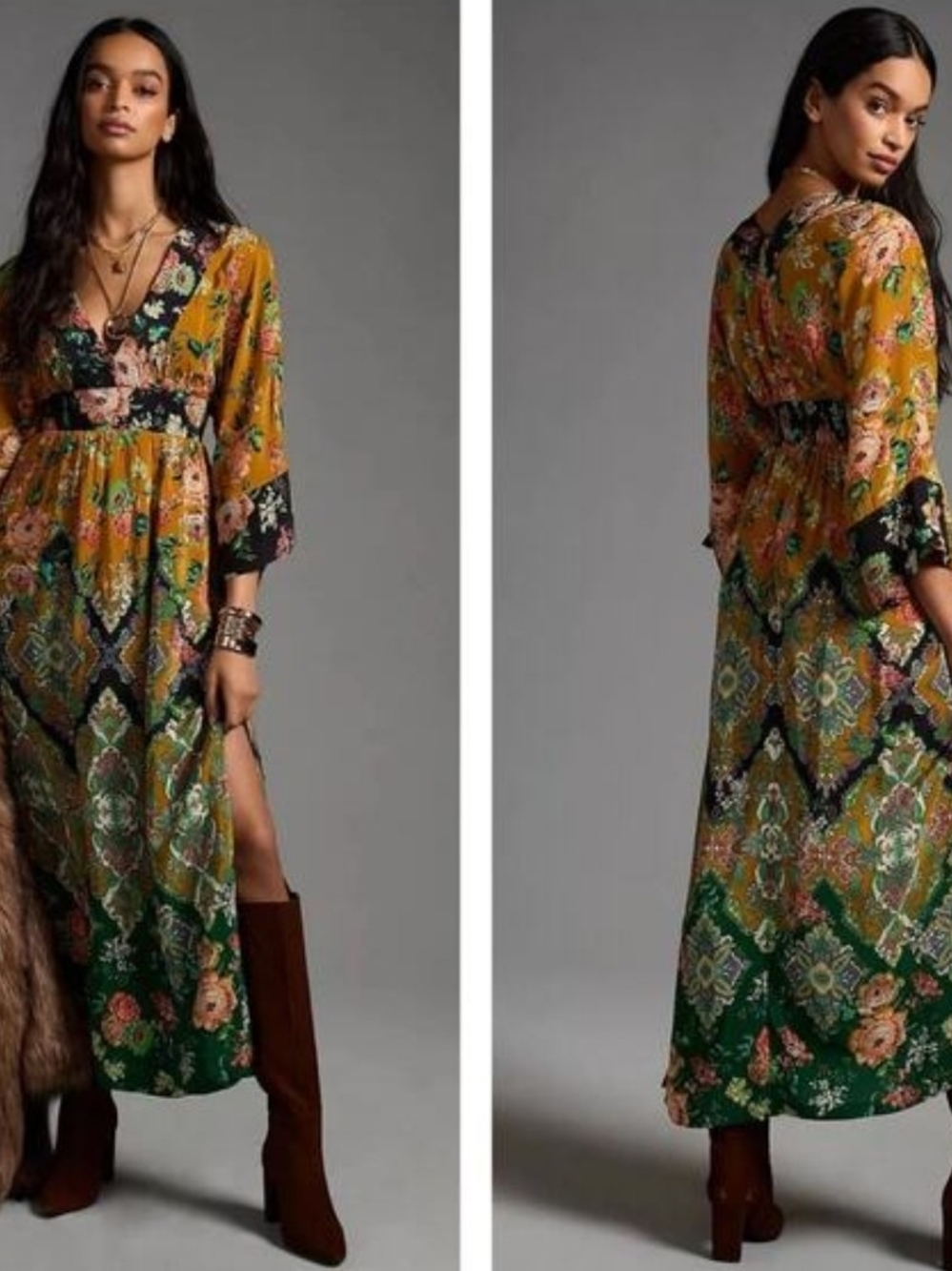 Anthropologie Printed V-Neck Maxi Dress 10 Boho Floral